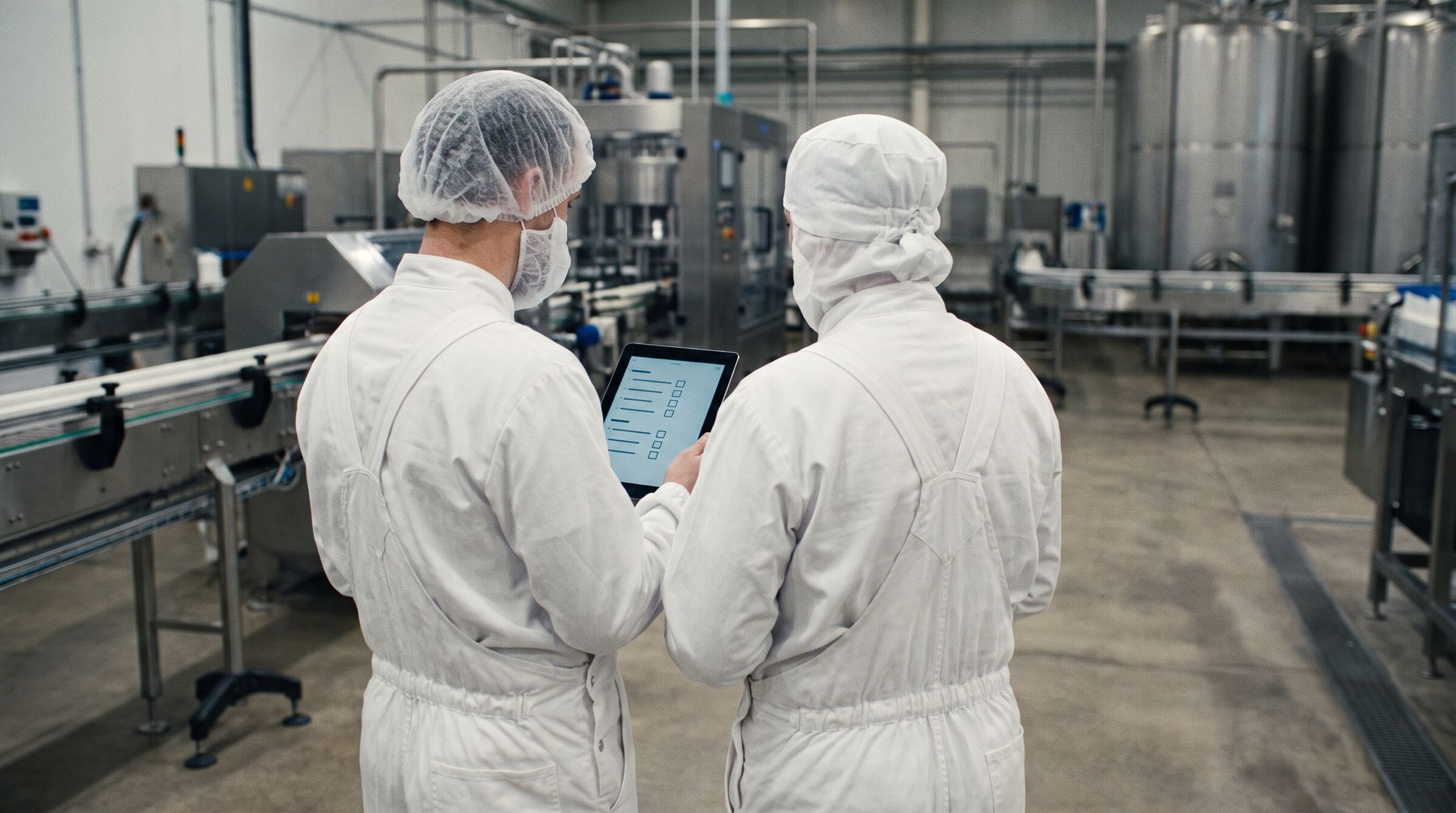 Food production hall with workers checking a digital checklist