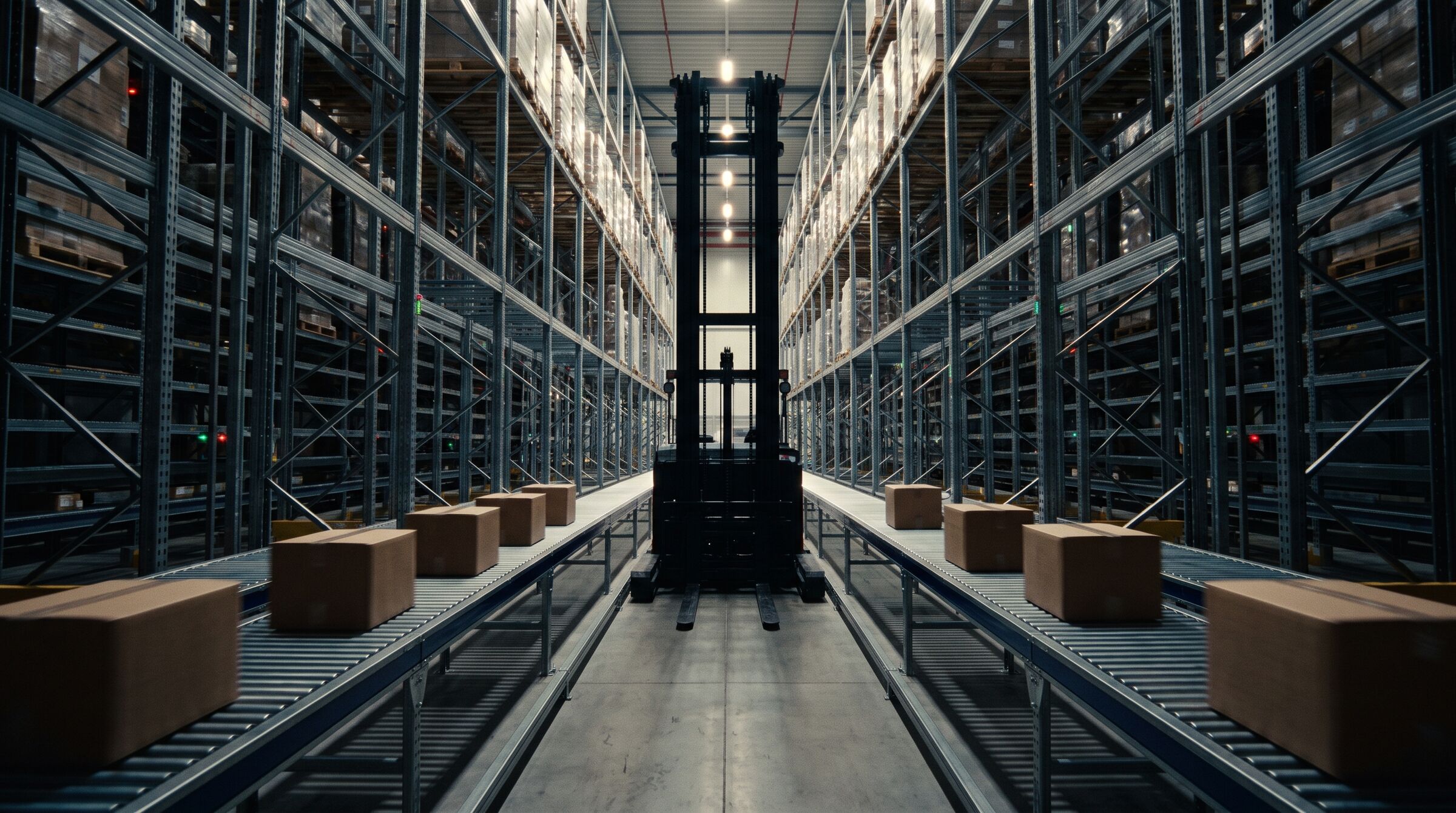 Automated high-bay warehouse with conveyors and a stacker crane