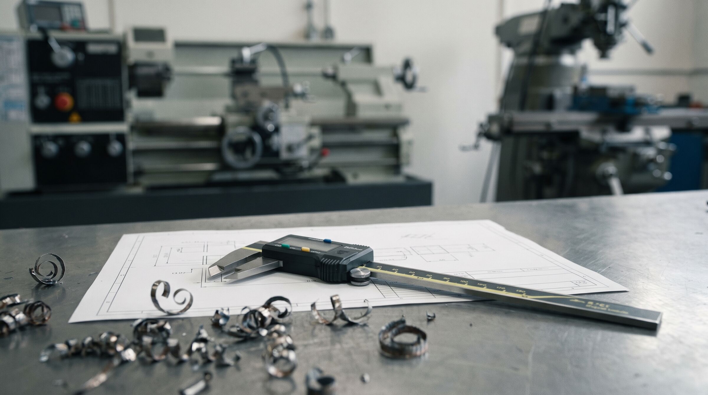 Lathe, milling machine, caliper and technical drawing on a steel workbench